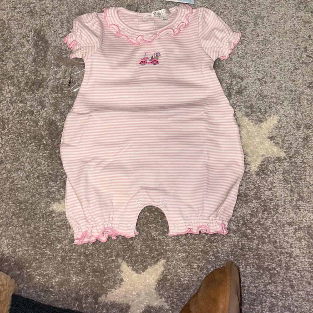 Kissy Kissy Pink Striped Romper Golf cart with ruffles